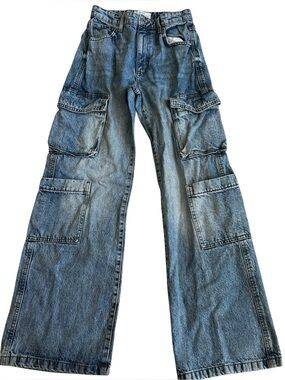 Cotton On Cargo Wide Leg Jeans Womens 2 Blue High Rise Multi Pocket Streetwear
